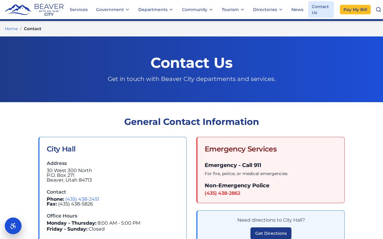 Beaver City official contact page for Beaver County booking-record routing
