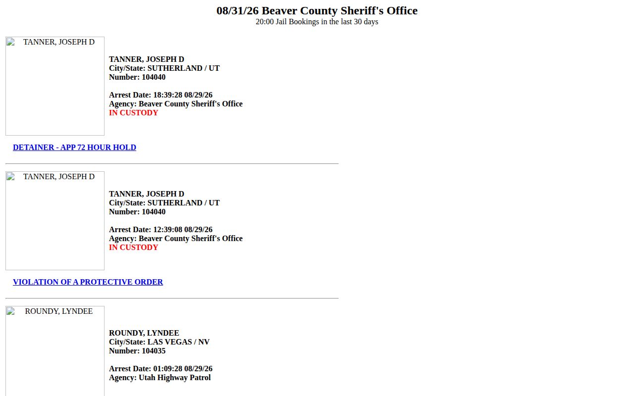 Beaver County official embedded 30-day booking record display