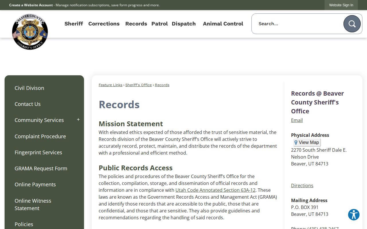 Beaver County Sheriff Records request page for booking records