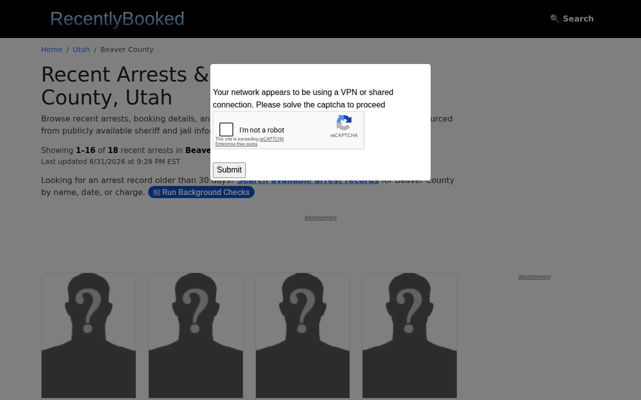 Beaver County secondary booking-record page at RecentlyBooked