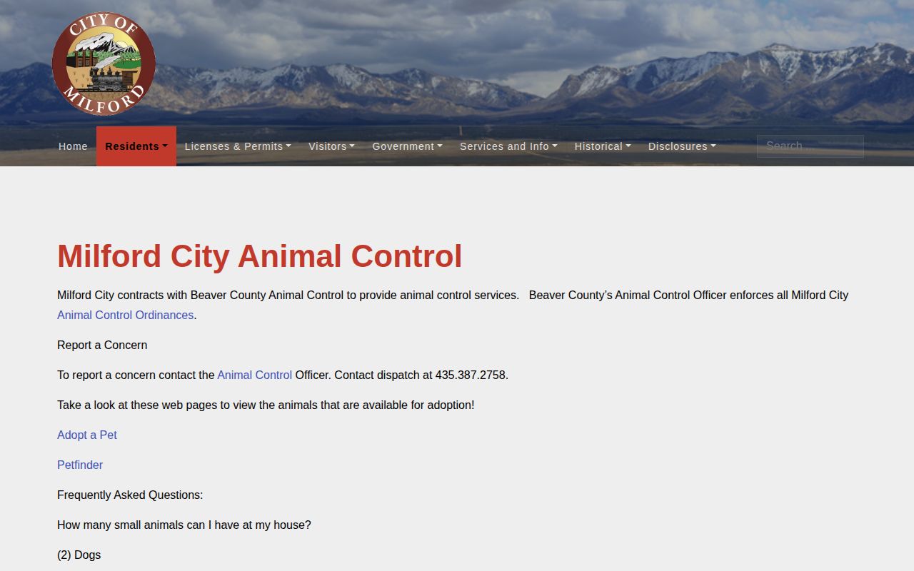 Milford official public-safety page for Beaver County booking-record routing