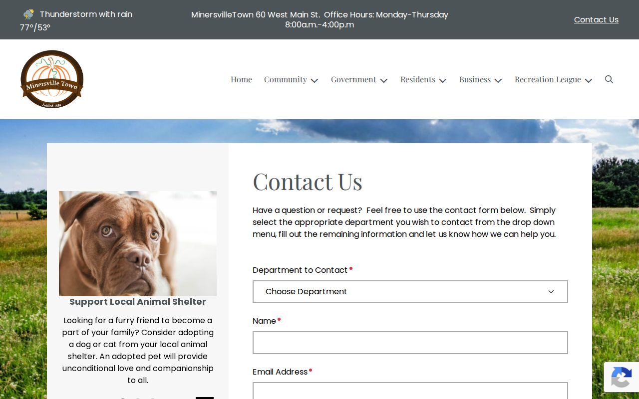 Minersville official civic contact page for Beaver County booking-record routing